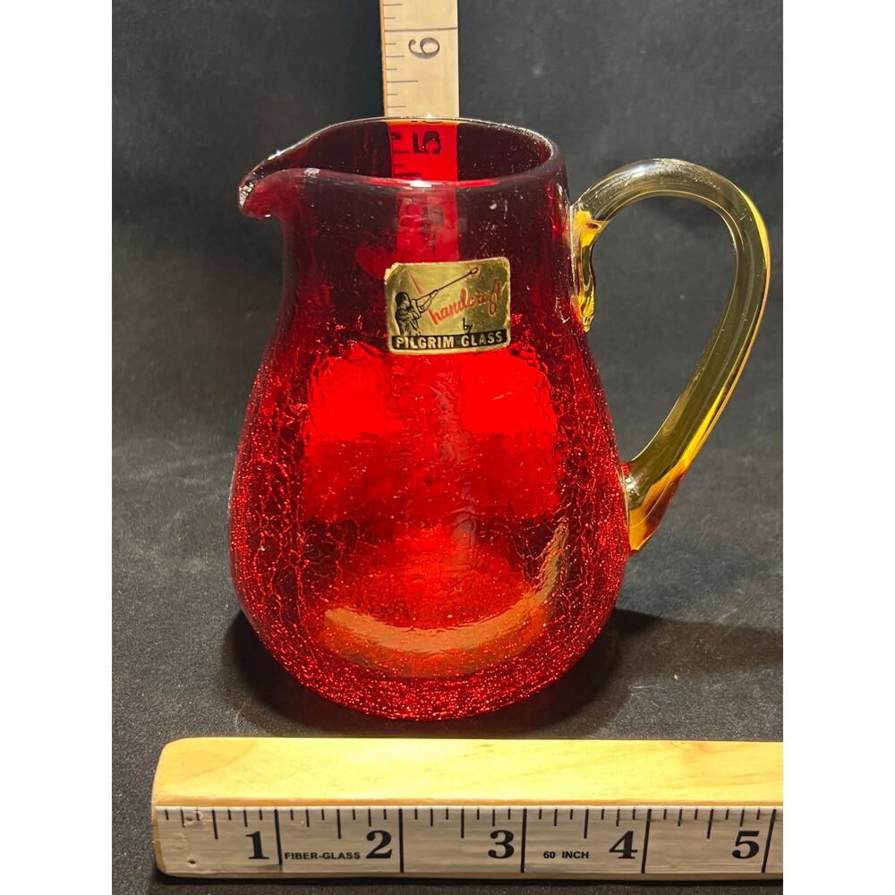 Pilgrim Glass, 5 in. Hand Blown, Crackle Creamer Pitcher, Ruby Red and Yellow.